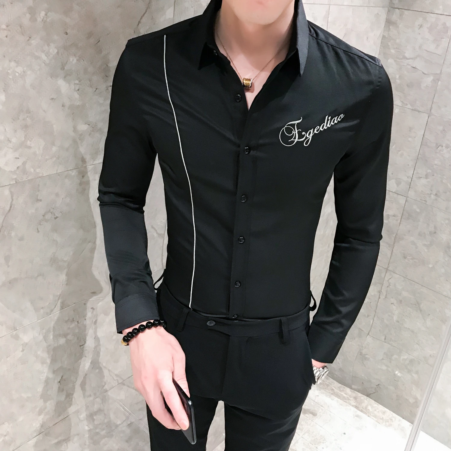 Мужские рубашки с цветочной вышивкой Camisa Homem Line Decoration Корейская мужская одежда