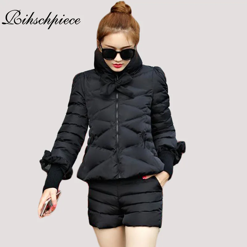 

Женский пуховик Rihschpiece, комплект из 2 предметов, куртка и брюки, короткая парка, толстый теплый зимний костюм с бантом, RZF825, зима 2018