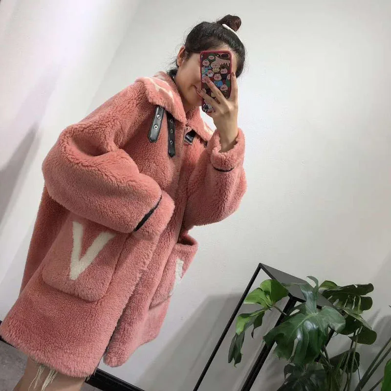 women winter jacket new female sheep fur coat plus size wool blends parka real fur Moto& Biker pink clothes Letter Pattern