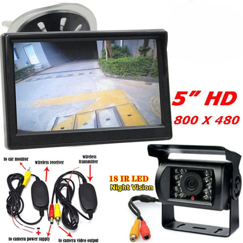 

Wireless 5" TFT LCD Monitor Parking Rear View System + RV Bus Truck 18 IR LEDs Night Vision Waterproof Reversing Reverse Camera