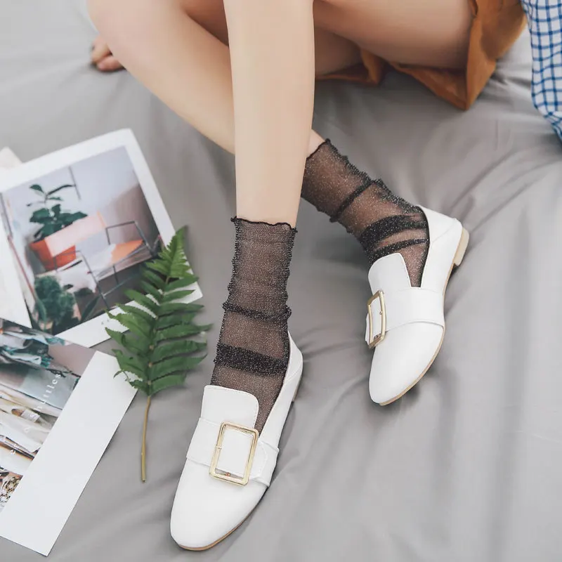 LIONZONE 7 Pairs/lot New Fashion Ladies Bright Silver Solid Color Tube Socks Japanese Cotton Women Socks Harajuku Wind