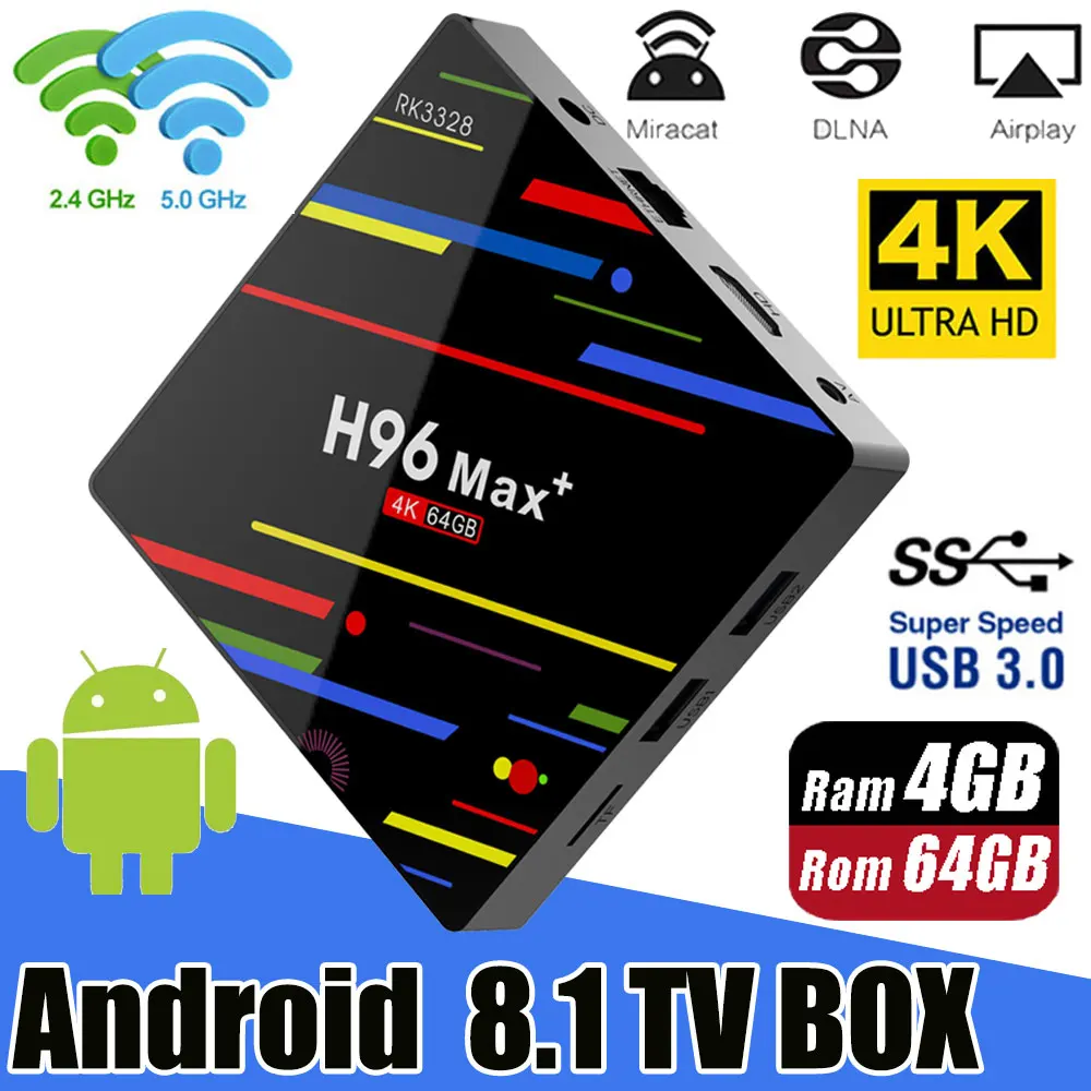 Смарт ТВ-бокс H96 MAX Plus Android 8 1 4 Гб ОЗУ 32 ГБ/64 ПЗУ Rockchip RK3328 4K H.265 USB3.0 2 ГГц WiFi IP