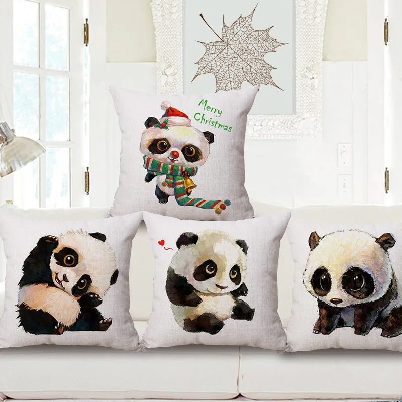 

Cotton Linen home decorative throw pillow case decorate sofa cushion cover Square 45x45cm Cute Panda Merry Christmas Design