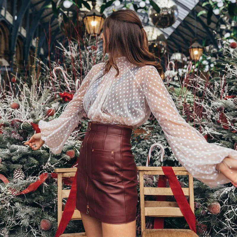 2019 Женская модная прозрачная футболка в горошек с сеткой короткий топ длинным