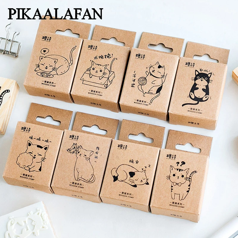 PIKAALAFAN милый кот серии коробки деревянный альбом для штампов DIY Фотоальбом украшение карты ремесло деревянная резиновая игрушечная печать