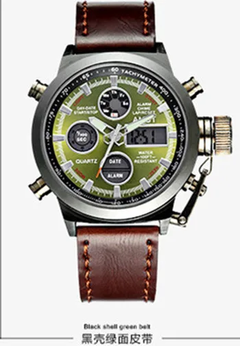 Black shell green AMST, военные часы для дайвинга, 50 м, нейлоновый и кожаный ремешок, светодиодный, мужские часы, лучший бренд, Роскошные Кварцевые часы, reloj hombre, Relogio Masculino - Цвет: Black shell green