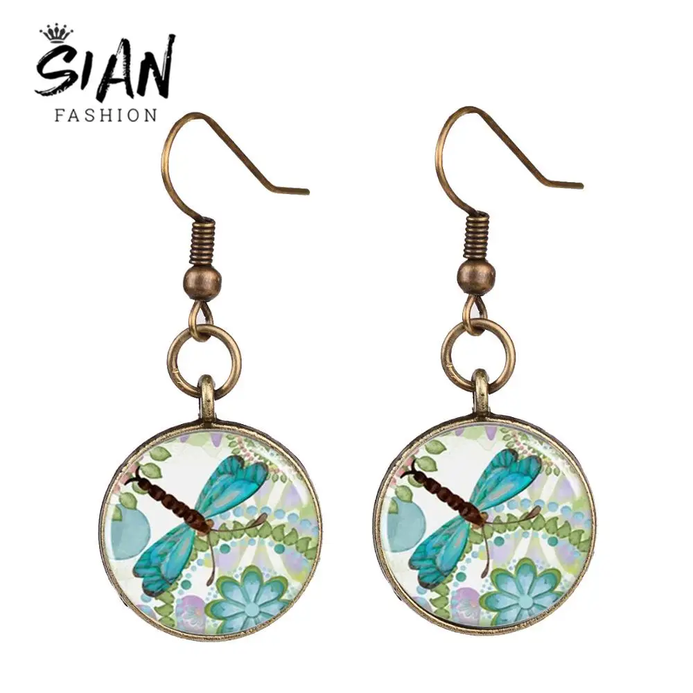 Висячие серьги с зеленой стрекозой в стиле бохо | Украшения и аксессуары