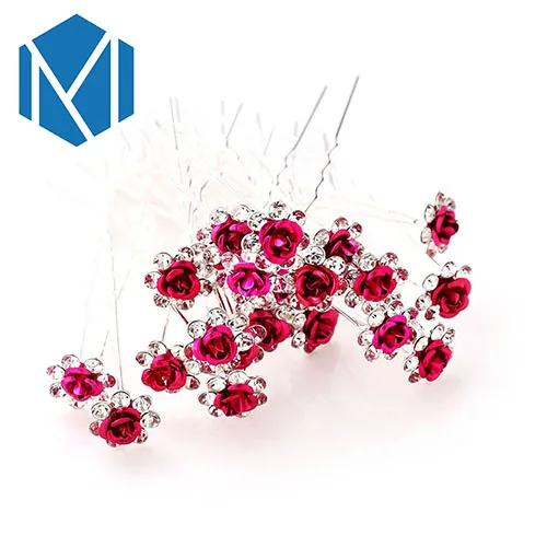 Rose red M MISM 20 PCS Bridal Rhinestone Exquisite Rose Flower Hair Pins Girls Wedding Shiny Crystal Bun Maker Tools Hair Accessories - Окраска металла: Rose red