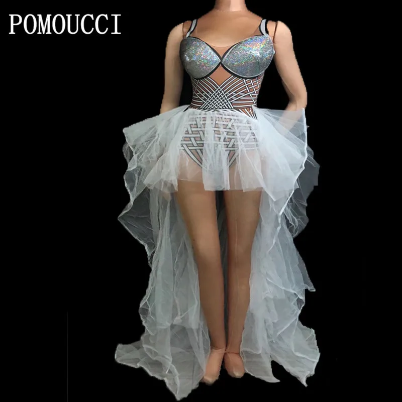 Женский сексуальный боди со стразами и блестками белый сетчатый комплект одежды