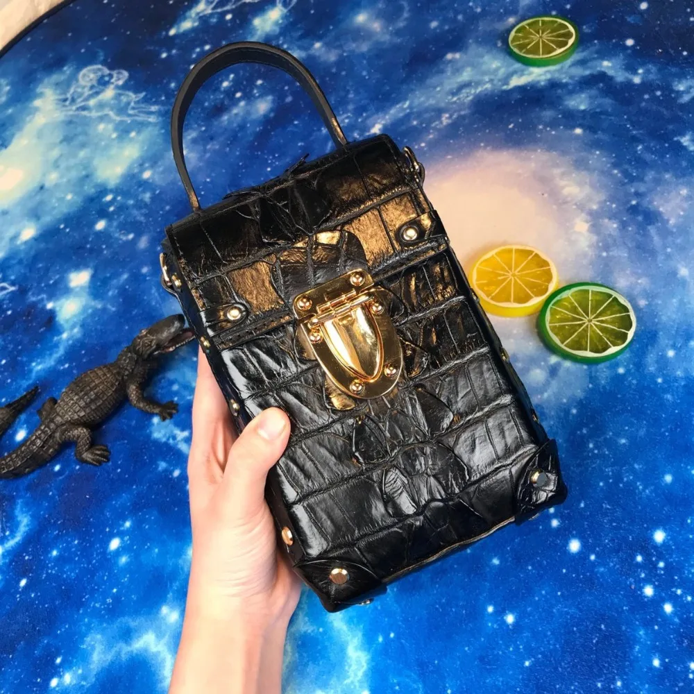 Модная дизайнерская женская мини-коробка с гвоздиками из натуральной крокодиловой кожи, женские телефонные клатчи, женская сумка на плечо на цепочке