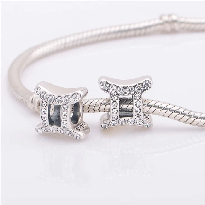2015 Новый серебряные бусины 925 пробы плавающий Gemini Zodiac Charm с кубическим цирконием