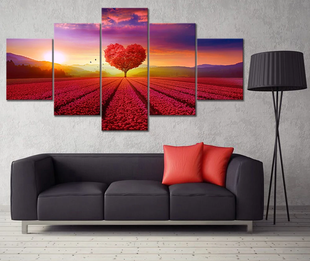 5 шт. красное сердце Дерево восход солнца море цветы пейзаж Масляные картины на