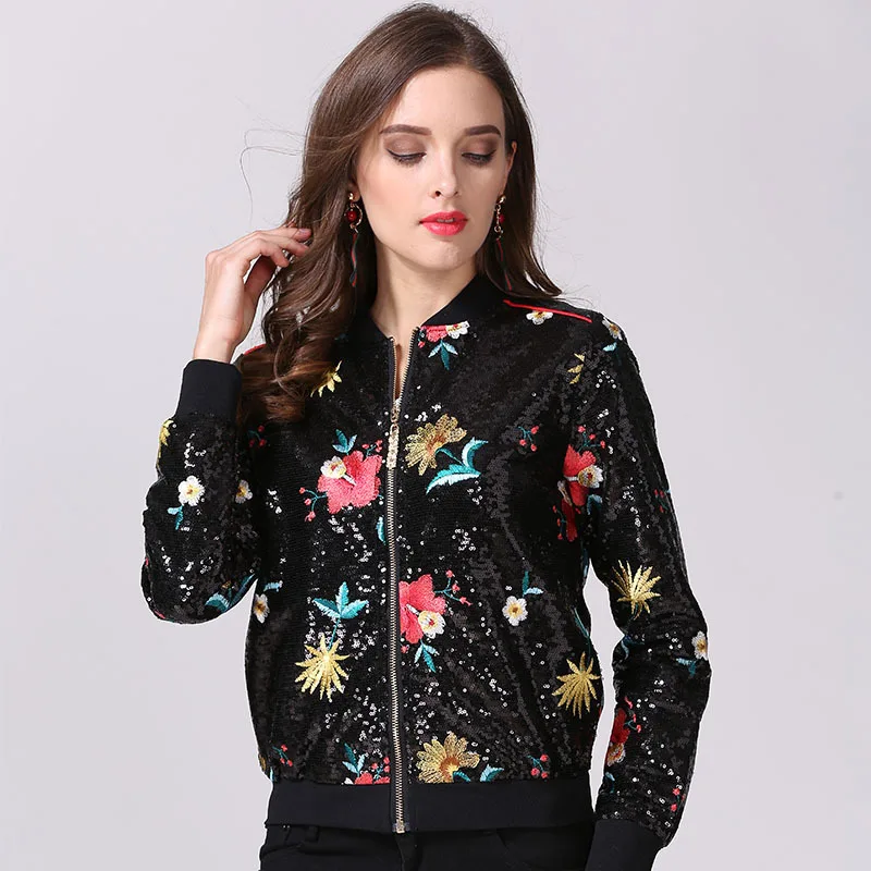 Повседневная куртка Новый осень 2017 г. стильная женщина блестками цветочный