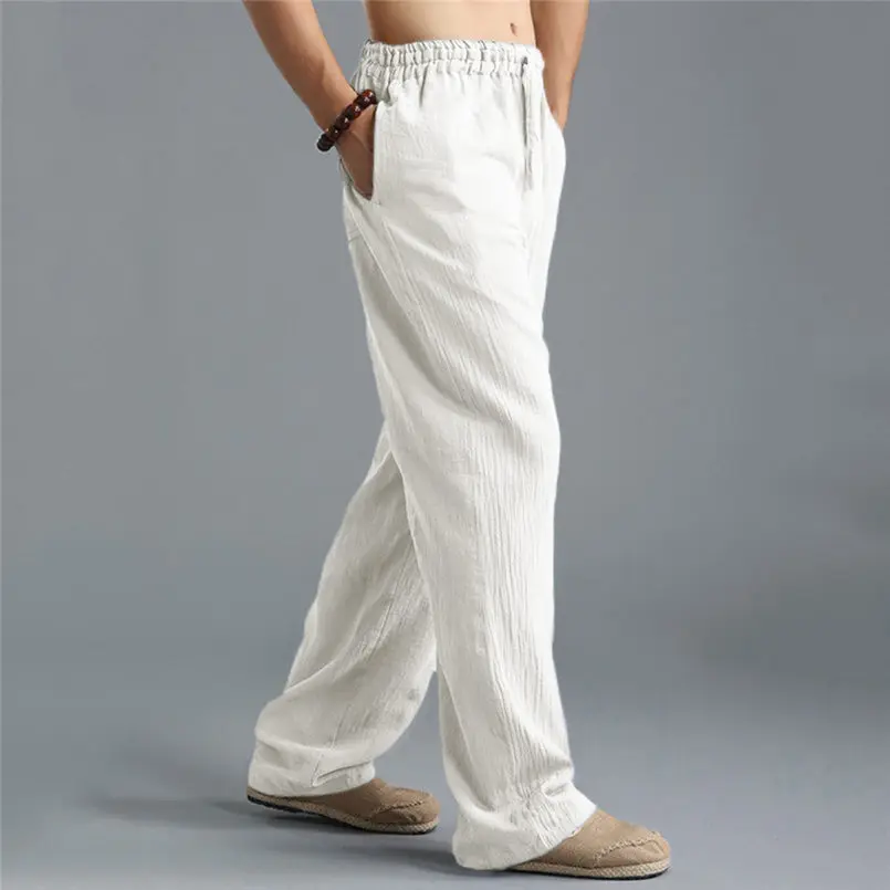 Мужские повседневные льняные брюки свободные дышащие однотонные спортивная