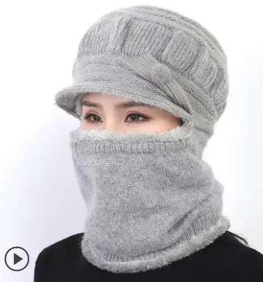 Зимние шапки Skullies Beanies, зимние шапки бини для женщин, шерстяной шарф, шапки, Балаклава, маска, капот, вязанная шапка в полоску - Цвет: gray