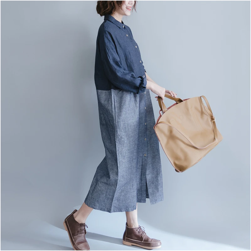 Женское повседневное миди платье-рубашка плюс размер свободное платье в полоску