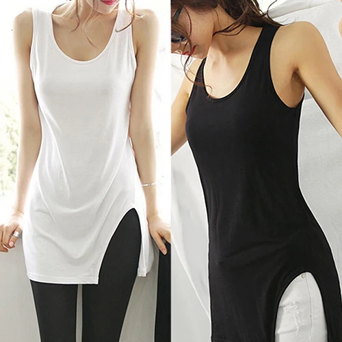 Женская летняя длинная майка модная футболка без рукавов с круглым вырезом |