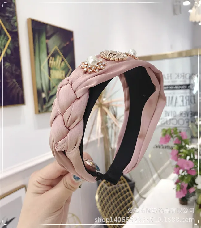 Красный Корейский обруч для волос Schwarz Tuch Verknotet Kreuz Tie Breiten Stirnbander Fur Frauen Mode Schmuck имитация Perle Kristall Haar - Цвет: Красный