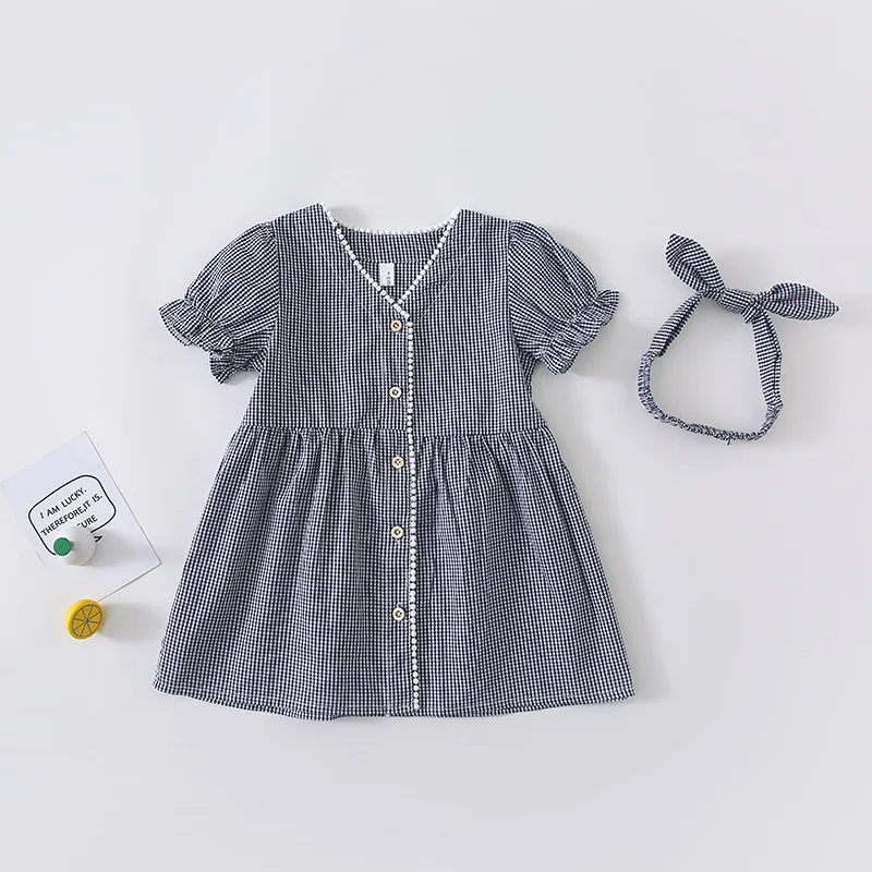 2019 Spring New Arrival korean style cotton plaid short sleeve princess dress with headband for cute sweet baby girls | Детская одежда