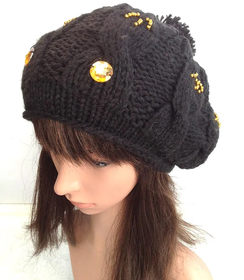 BomHCS 100% ручная работа вязаная шапка бини новая ringstone Бриллиантовая Черная Женская