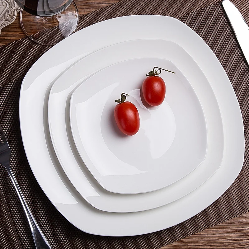 Fashion Family Japanese Plain White Bone China Flat Steak Plate Western Dinner Plate Ceramic 10 Inch Plate Square Dish Tableware