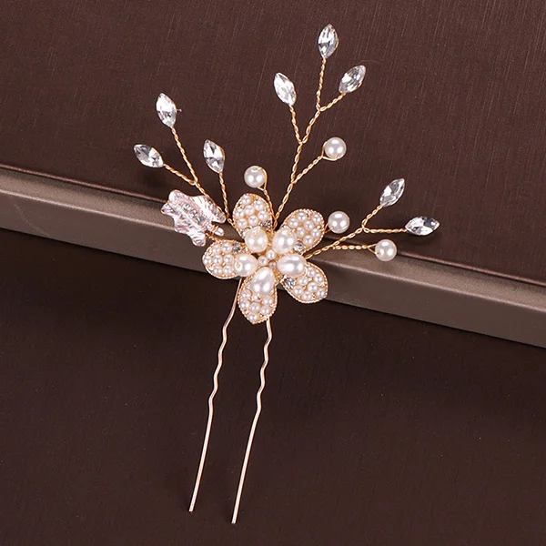 UZ075 Gold Pearl Tiara Hairpin Clip Crystal Rhinestone Hair Jewelry For Women Flower Handmade Headband Wedding Bridal Hair Accessories - Окраска металла: UZ075