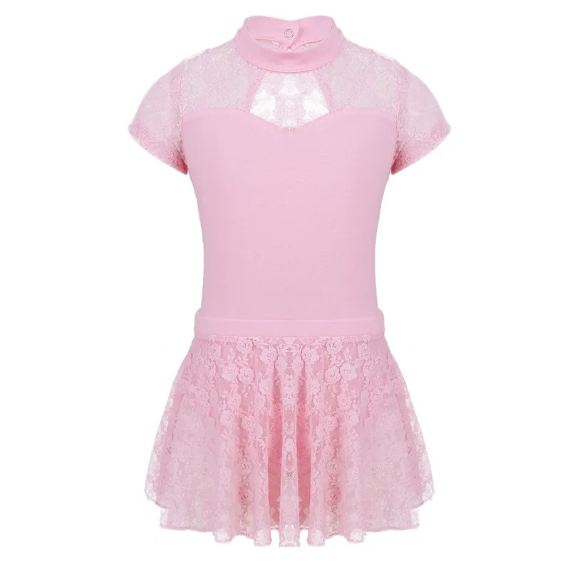 Pink Детская одежда для девочек с короткими рукавами, с ложным вырезом, с цветочным кружевом, с вырезами на спине, для балета, танцев, гимнастики, трико с кружевной юбкой, комплект одежды - Цвет: Pink