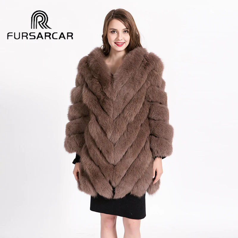 FURSARCAR Роскошные зимние Для женщин натуральный мех Натуральная длинный рукав женские комплекты с курткой для детей 80 см длинная полосатая ночная рубашка из натурального меха лисы пальто с лисьим мехом