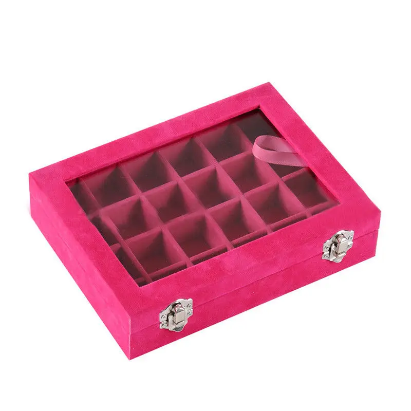 Hot Pink Разноцветные на выбор 24 Сетки бархатное стекло Ювелирное кольцо Дисплей Органайзер Коробка лоток держатель серьги чехол для хранения - Цвет: Hot Pink