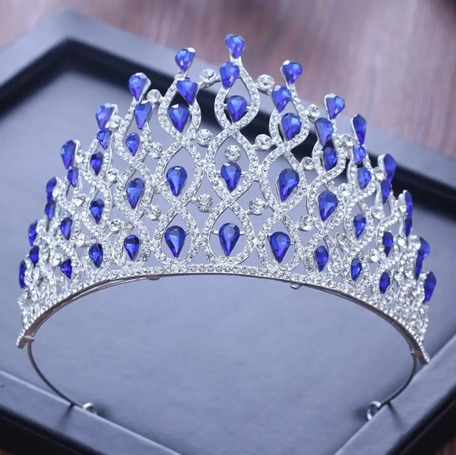 blue Роскошный Винтажный серебряный Тиара синий красный свадебный венец со стразами для невесты аксессуары для волос королевская Большая Корона Свадебные украшения для волос - Окраска металла: blue