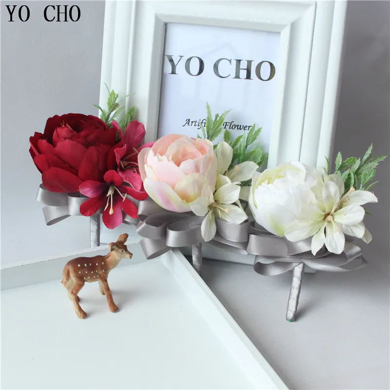 

YO CHO Wrist Corsage Wedding Flowers Bride Bridesmaids Bracelet Boutonniere Groom Best Man Wedding Decoration Artificial Flower