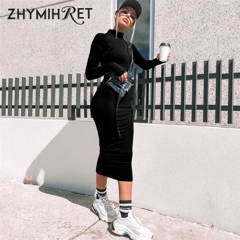 ZHYMIHRET осеннее неоновое длинное платье осеннее женское сексуальное обтягивающее на молнии спереди Бандажное платье с длинным рукавом Вечерние женские платья