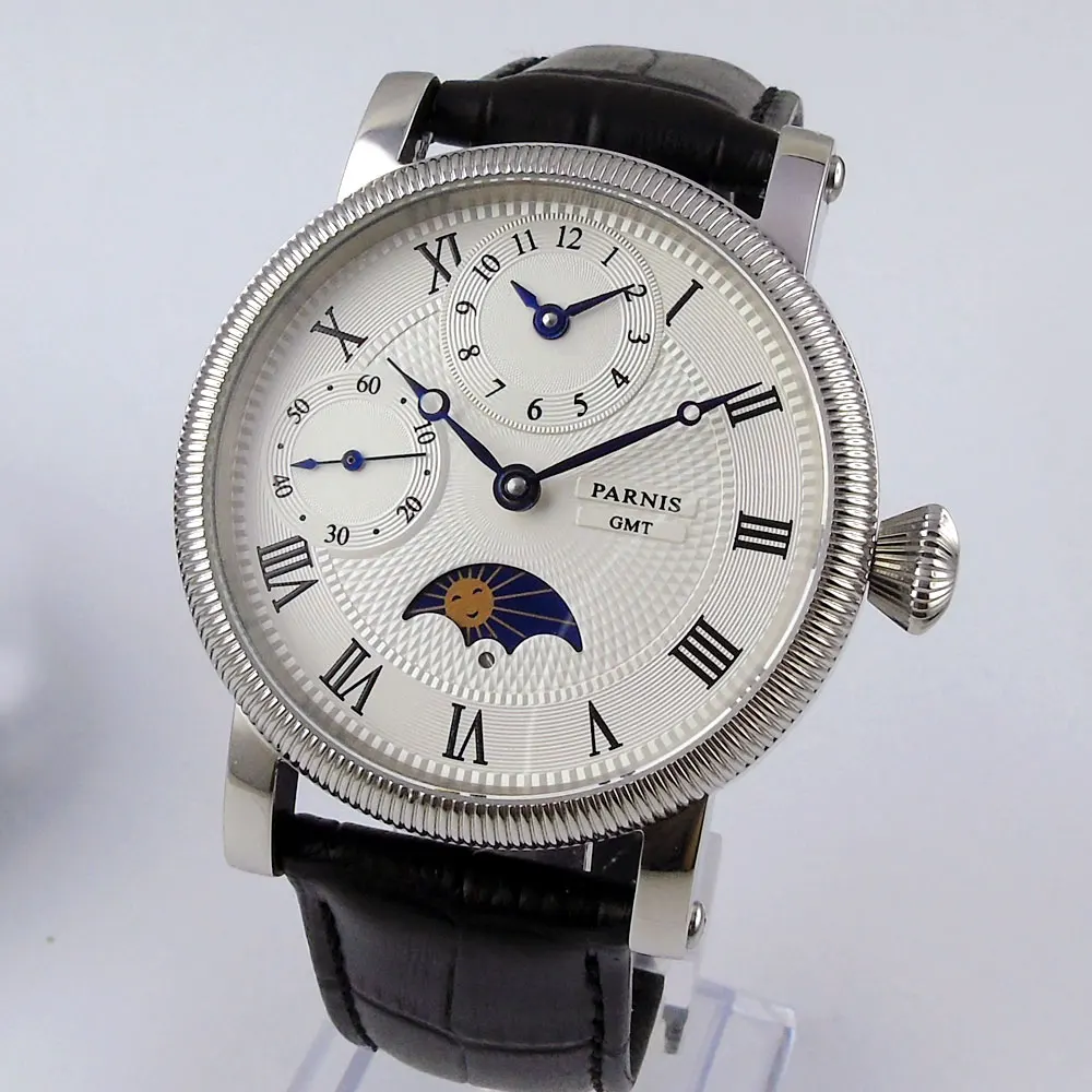 42mm PARNIS Steel Case embossment GMT Moon Phase relogio masculino Roman Numerals hand winding movement men's watch wholesale | Наручные
