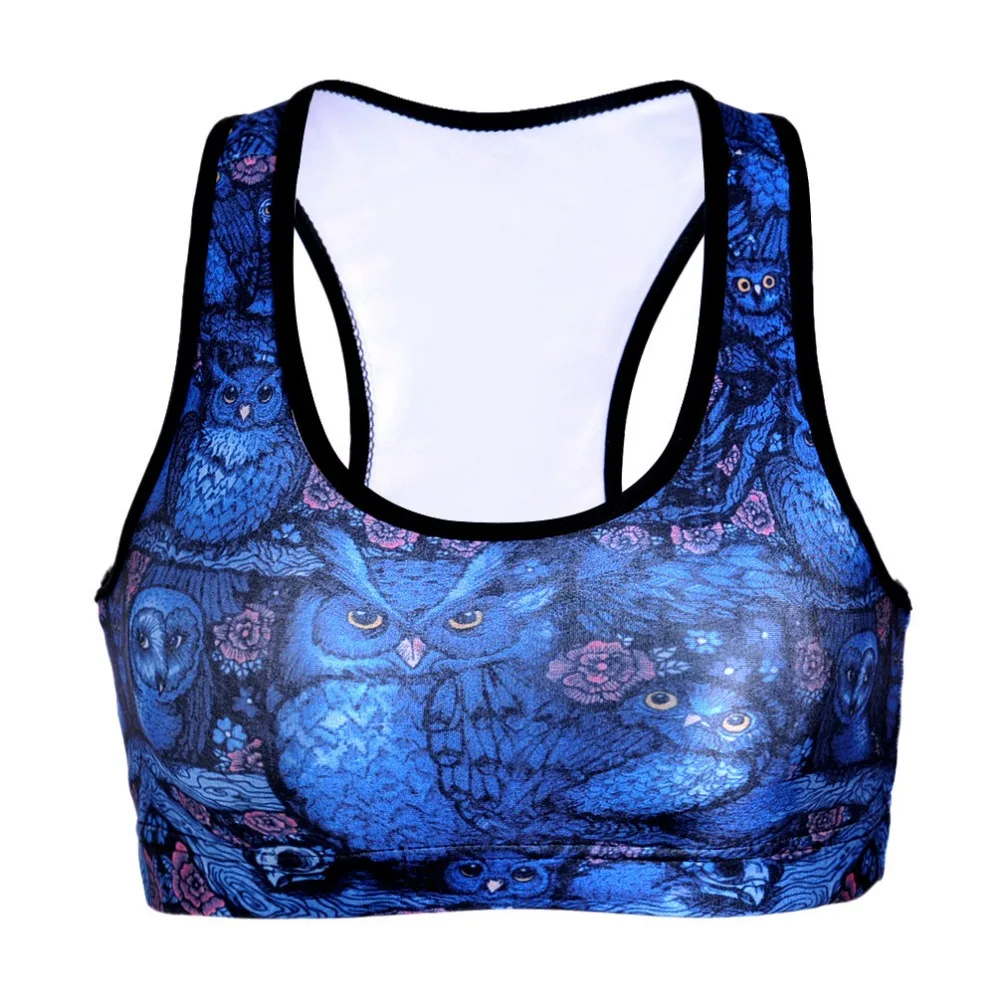 Женский синий короткий жилет с принтом совы для фитнеса тренировок беспроводное