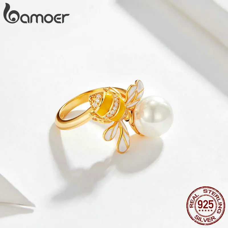 BAMOER, натуральная 925 пробы, серебро, пресноводный жемчуг и пчела, золотой цвет, женские кольца на палец для женщин, свадебные украшения BSR017