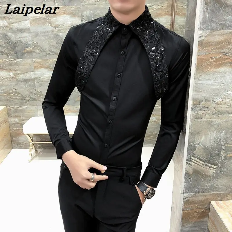 

Mens Shirts Long Sleeve Mens Dress Shirts Wedding Luxury Shirts Mens Lace Patchwork Camisa Slim Fit Social Club Outfits