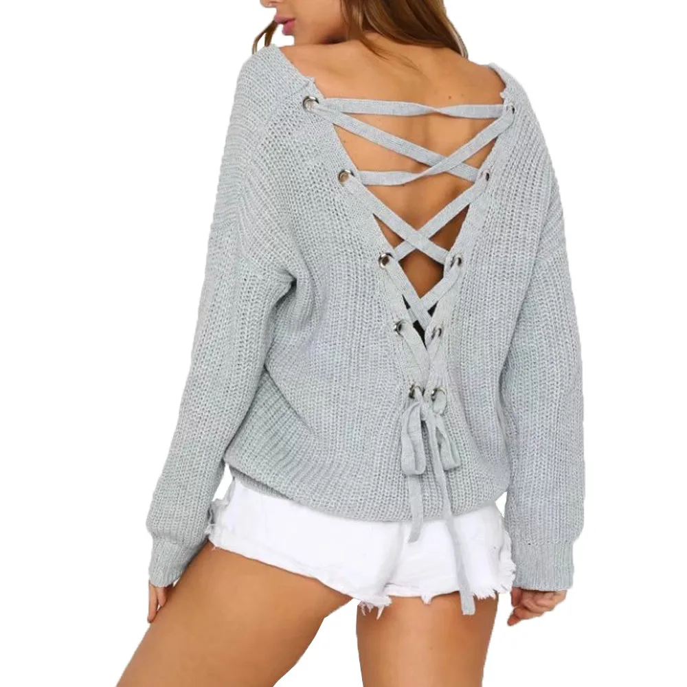 V-образный вырез на спине крест повязку пикантные Свитера Лук Lace-up Pullover Для женщин