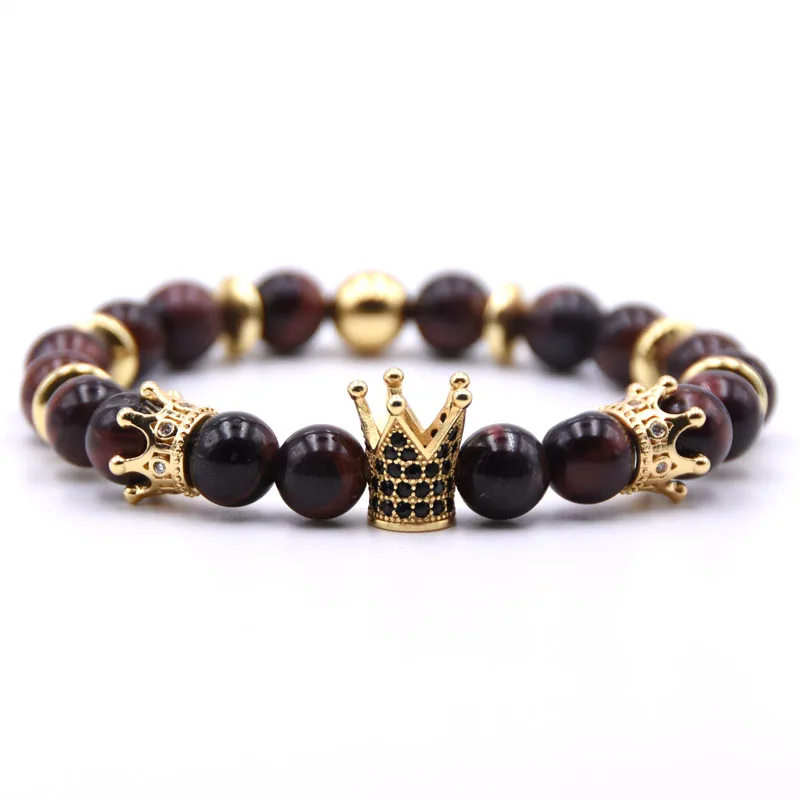 Мужской микро браслет с короной модный очаровательный красным тигровым глазом и