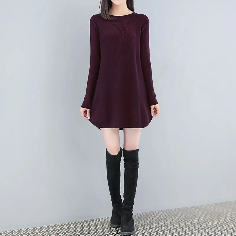 2018 Autumn Winter New Large Size 4XL Women's Loose Long Pullover Sweater Round Neck Solid Color Knit Bottom LQ551 |
