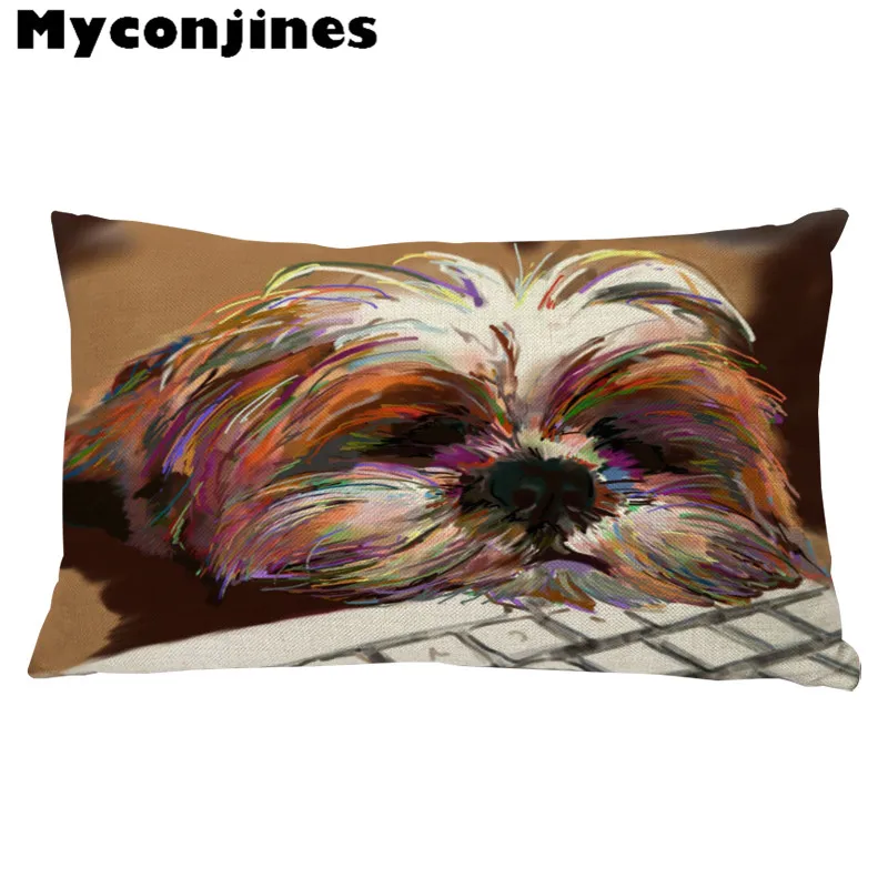 Милая мультяшная собачка, картина маслом, Shih Tzu, Наволочка на подушку, 17 дюймов, льняная декоративная домашняя подушка для сиденья автомобиля, осенняя подушка для леса
