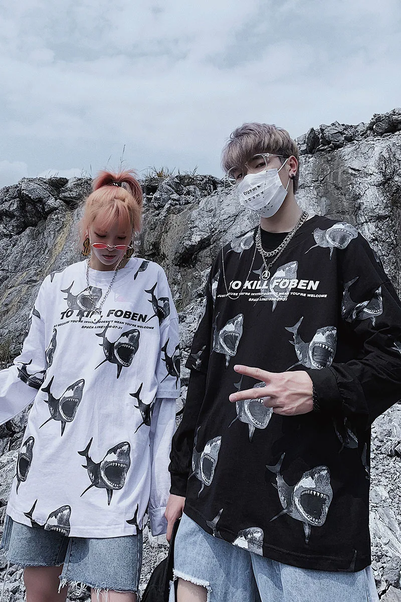 2019 летняя Новая высококачественная рубашка с короткими рукавами и принтом акулы