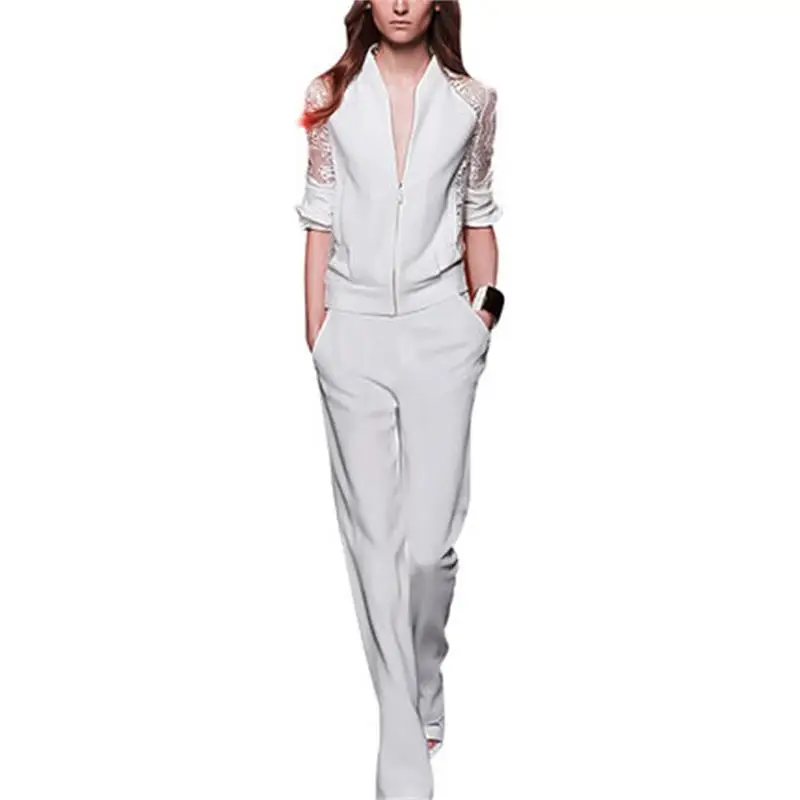 Fashion suit female spring New high-end summer casual lace V-neck short jacket + pants temperament two-piece women |