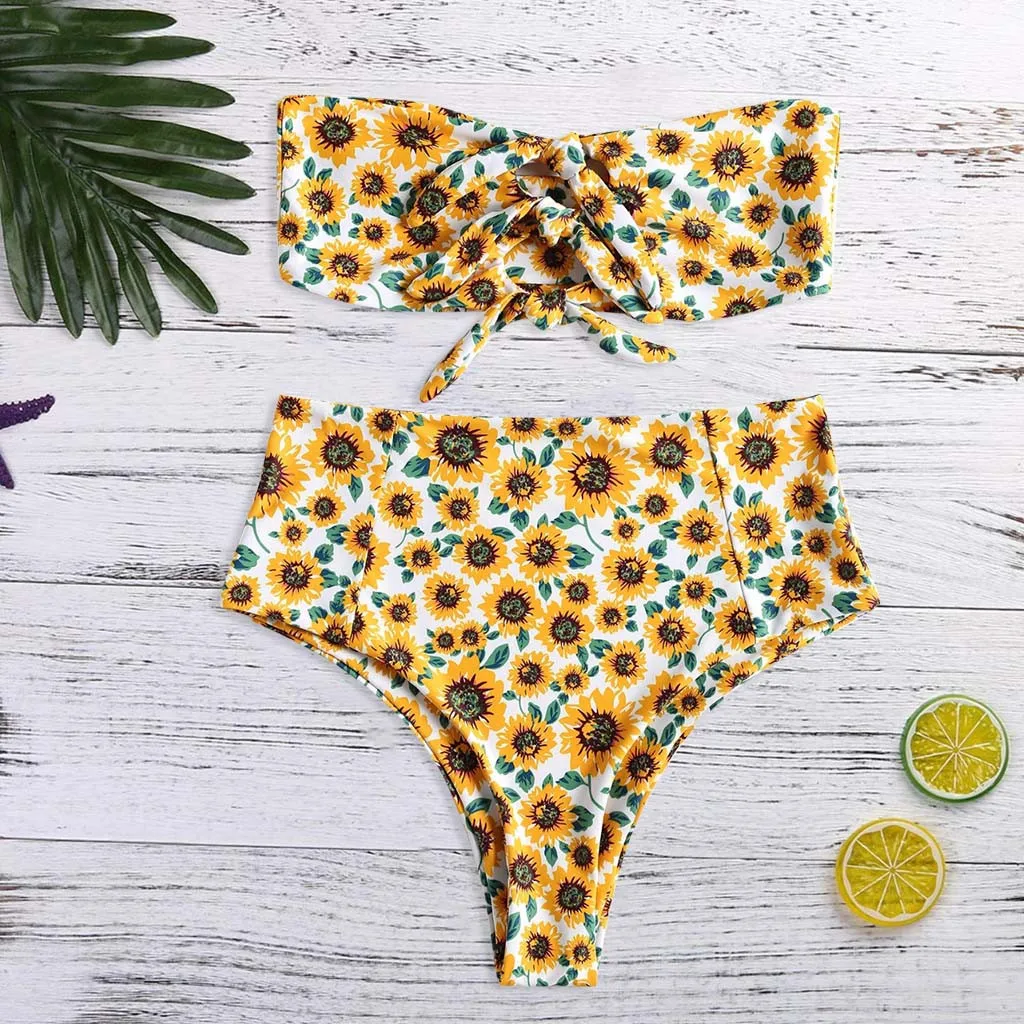 Летние Для женщин Цветочный принт желтая трубка до бантом бикини из двух