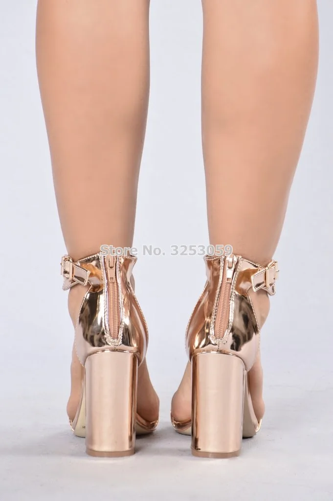 Luxury Brand Ladies Rose Gold Chunky Heel Sandals with Ankle Strap image 3