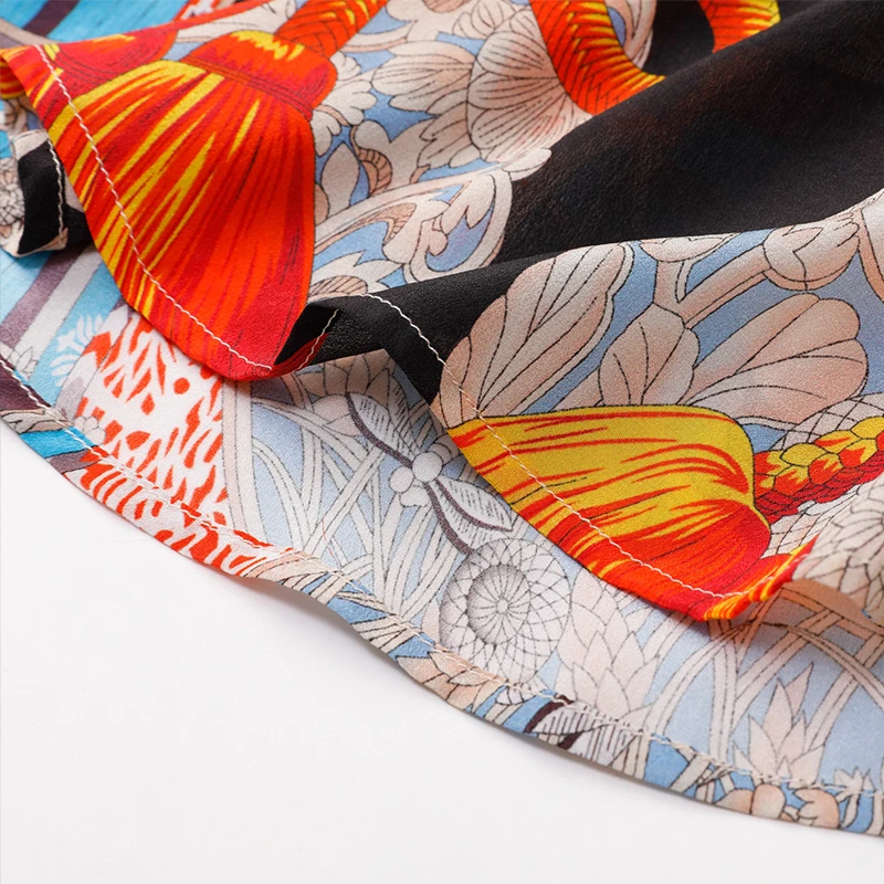 Женское платье из 100% шелка симметричный дизайн с принтом воротником-стойкой и