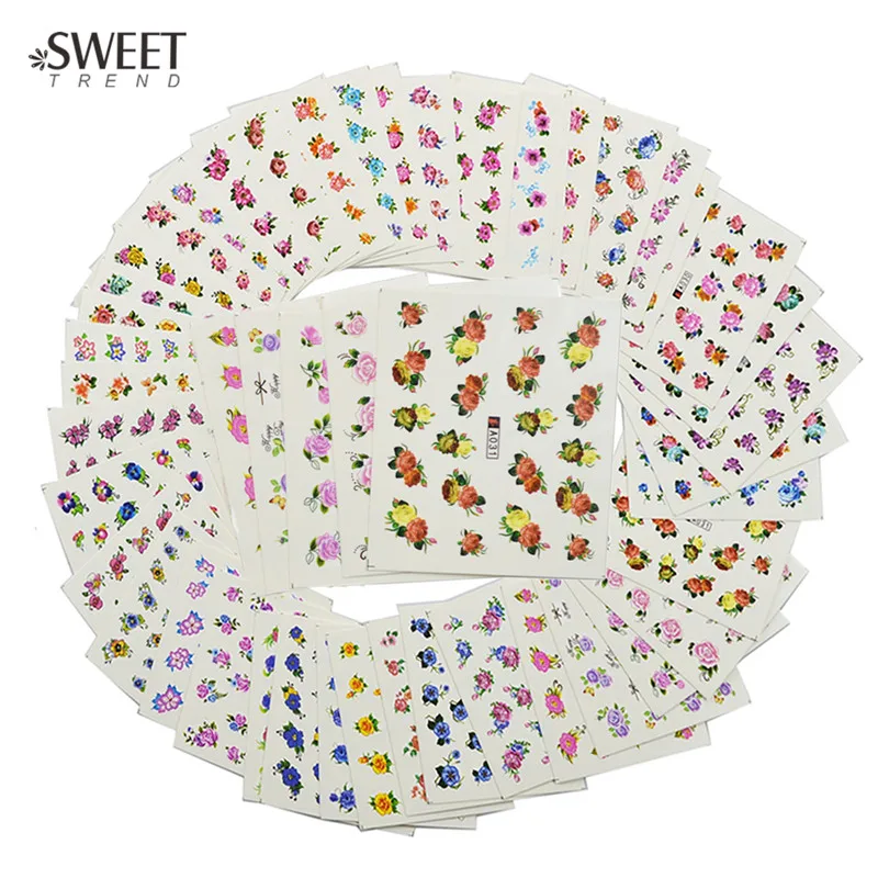48 шт. очаровательные наклейки для дизайна ногтей с цветами Водные Наклейки