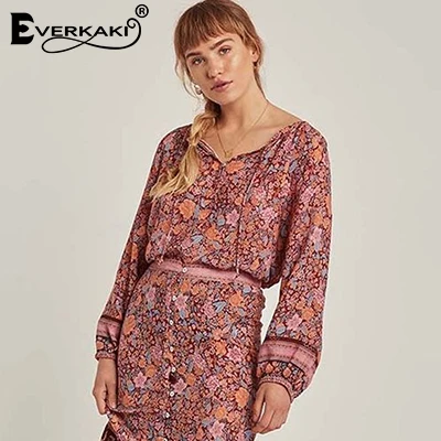 Rose red Everkaki, женская блузка в стиле бохо, модная, хлопок, цветочный принт, рукав-фонарик, топы, богемный стиль, v-образный вырез, шнуровка, блузки для женщин, весна - Цвет: Rose red