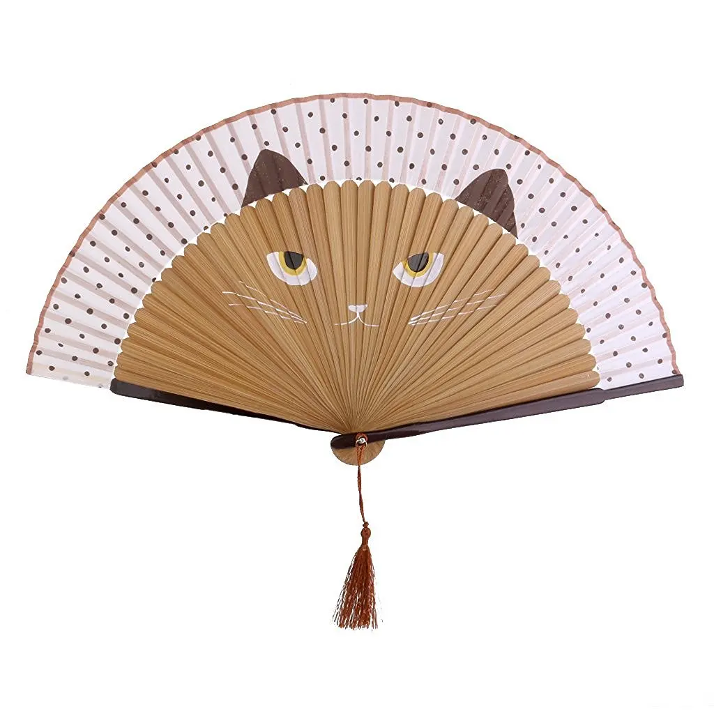Рисованной ручная роспись мультфильм Cat Fold вентилятор Kawaii коричневый|kawaii fan|kawaii