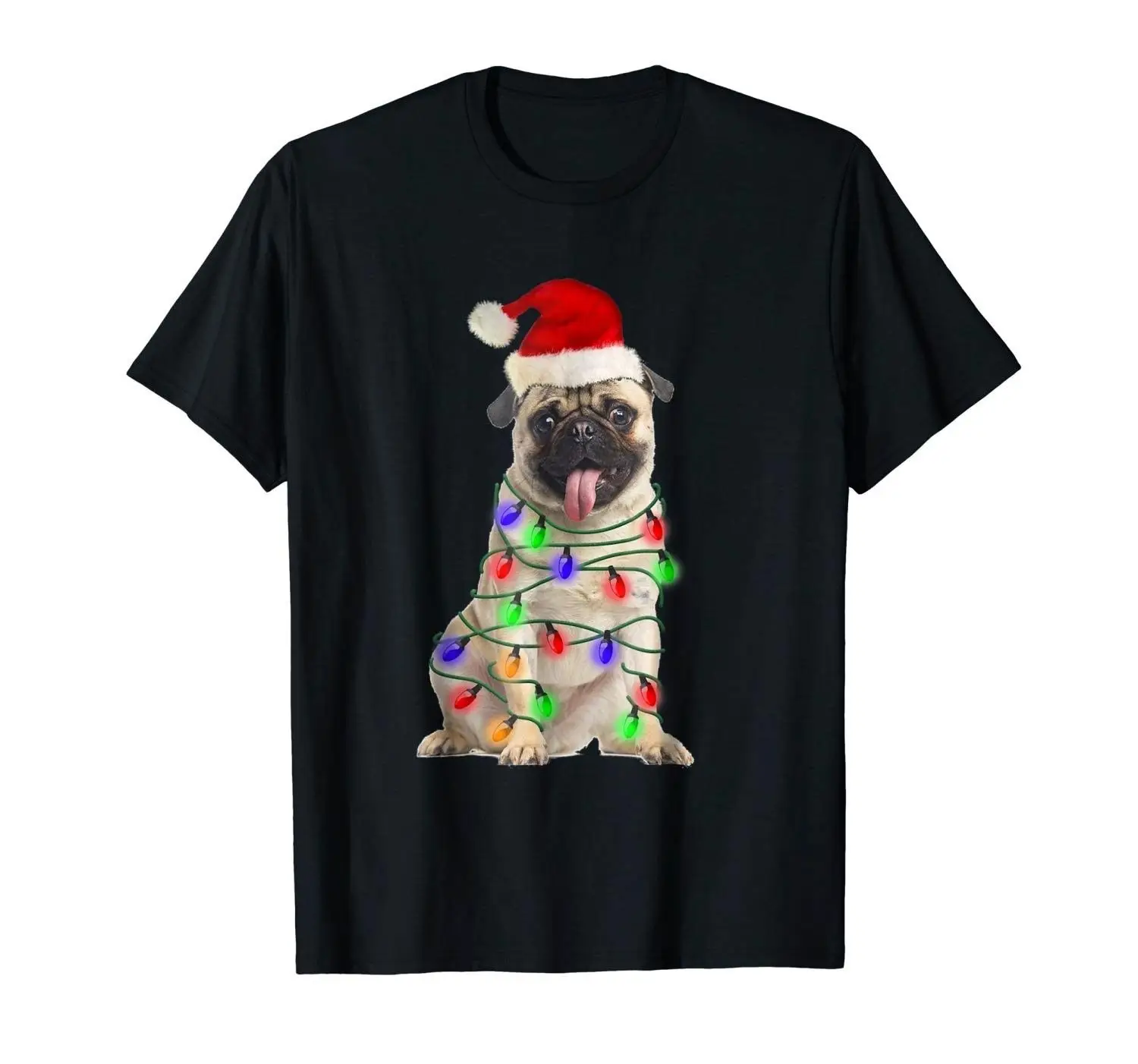 

Pug Santa Christmas Light Black T-shirt Men Short Sleeves T Shirt Top Tee Teenage Natural Cotton Printed Top Tee