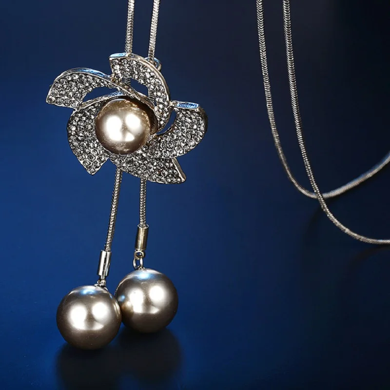 Elegant Simulated-Pearl Long Necklace Women Bijoux Fashion Jewelry Crystal Flower Sweater Necklaces &amp Pendants | Украшения и